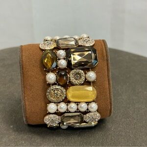 Stretchy cuff bracelet with large multi-colored stones and faux pearls
